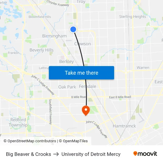 Big Beaver & Crooks to University of Detroit Mercy map
