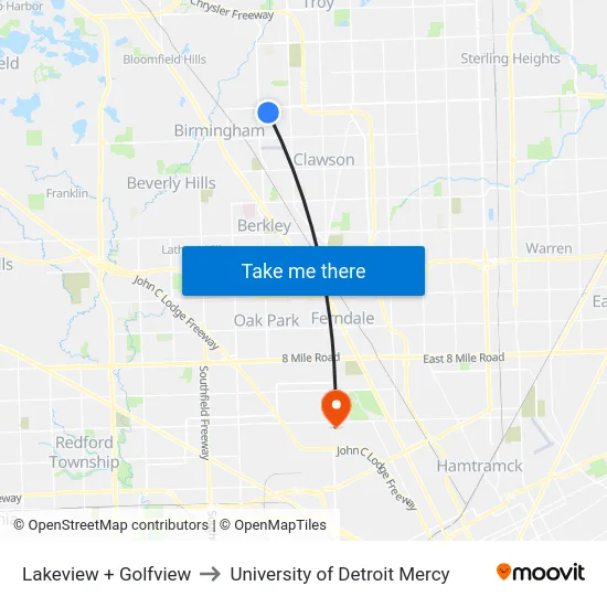 Lakeview & Golfview to University of Detroit Mercy map