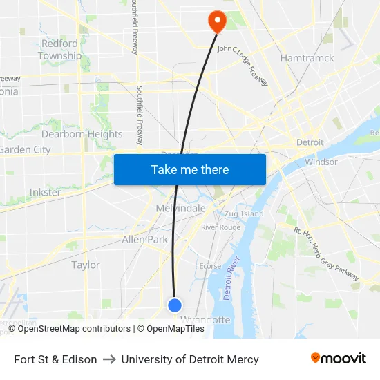 Fort St & Edison to University of Detroit Mercy map