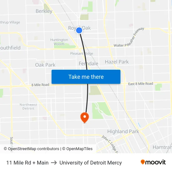 11 Mile & Main to University of Detroit Mercy map