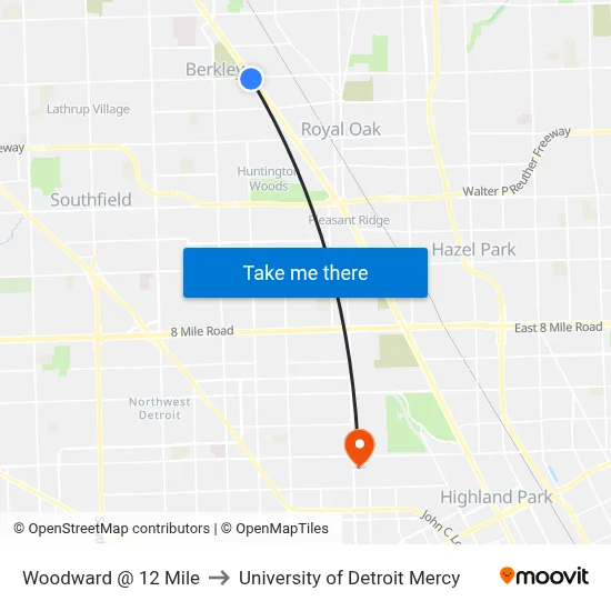 Woodward @ 12 Mile to University of Detroit Mercy map