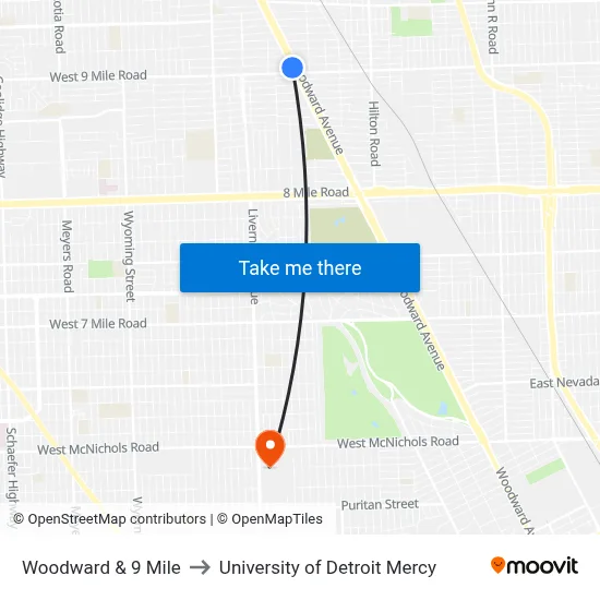Woodward & 9 Mile to University of Detroit Mercy map