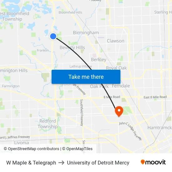 W Maple & Telegraph to University of Detroit Mercy map