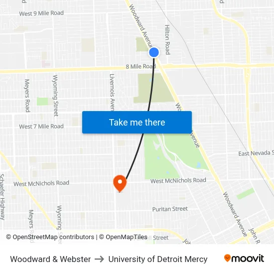 Woodward & Webster to University of Detroit Mercy map