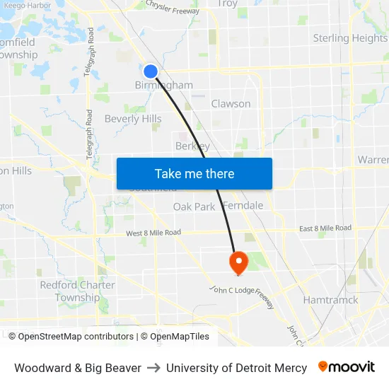 Woodward & Big Beaver to University of Detroit Mercy map