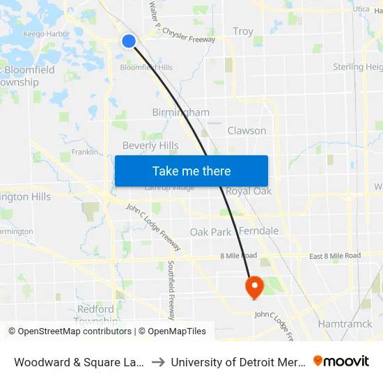 Woodward & Square Lake to University of Detroit Mercy map