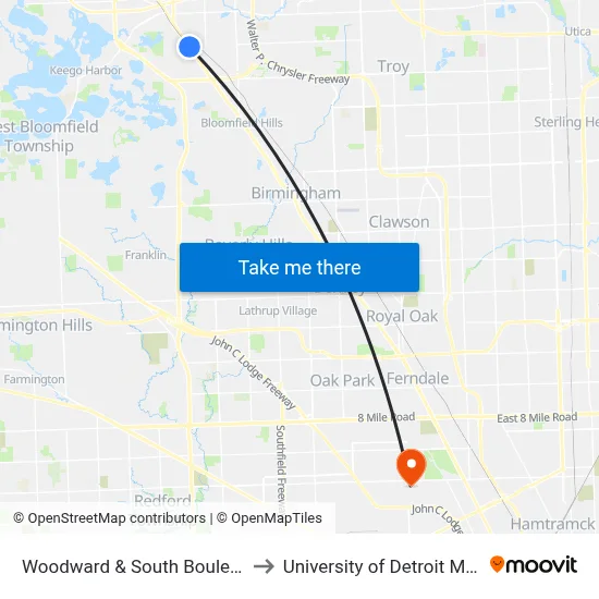 Woodward & South Boulevard to University of Detroit Mercy map