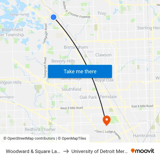 Woodward & Square Lake to University of Detroit Mercy map