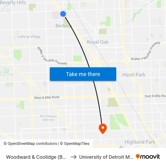 Woodward & Coolidge (Basha) to University of Detroit Mercy map