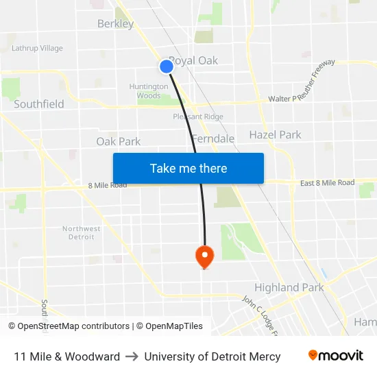 11 Mile & Woodward to University of Detroit Mercy map