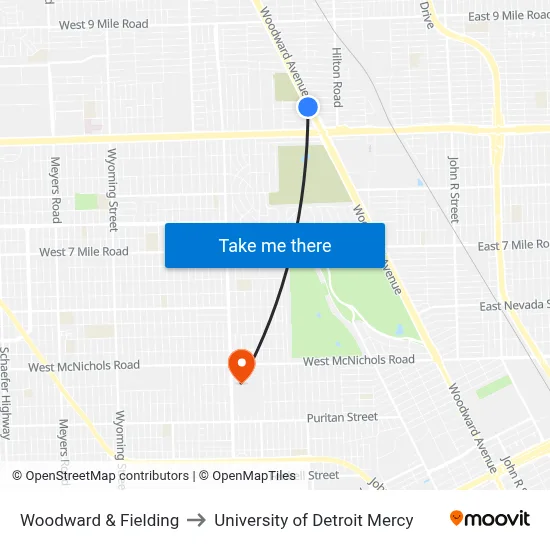 Woodward & Fielding to University of Detroit Mercy map