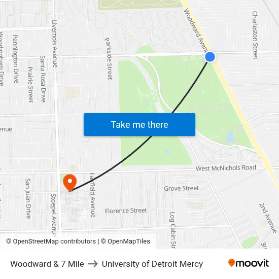 Woodward & 7 Mile to University of Detroit Mercy map