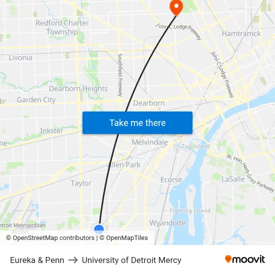 Eureka & Penn to University of Detroit Mercy map