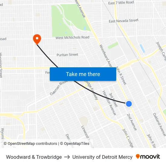 Woodward & Trowbridge to University of Detroit Mercy map