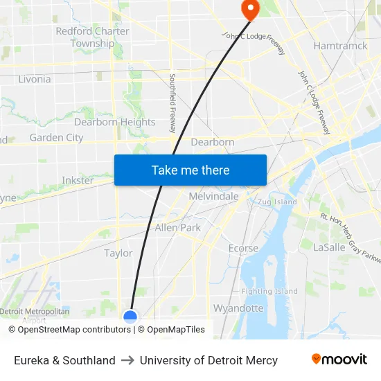 Eureka & Southland to University of Detroit Mercy map
