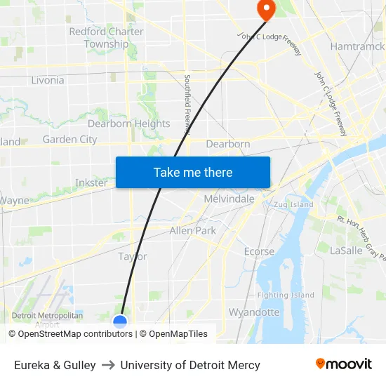 Eureka & Gulley to University of Detroit Mercy map