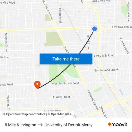 8 Mile & Irvington to University of Detroit Mercy map