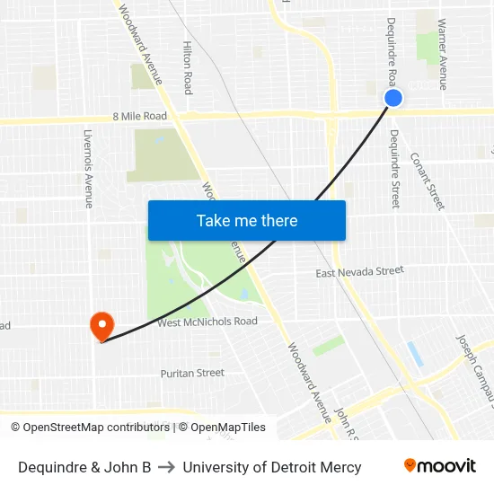 Dequindre & John B to University of Detroit Mercy map