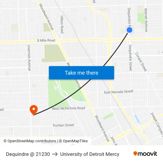 Dequindre @ 21230 to University of Detroit Mercy map