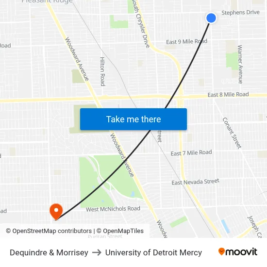 Dequindre & Morrisey to University of Detroit Mercy map