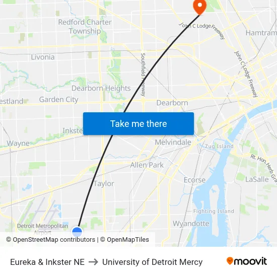 Eureka & Inkster NE to University of Detroit Mercy map