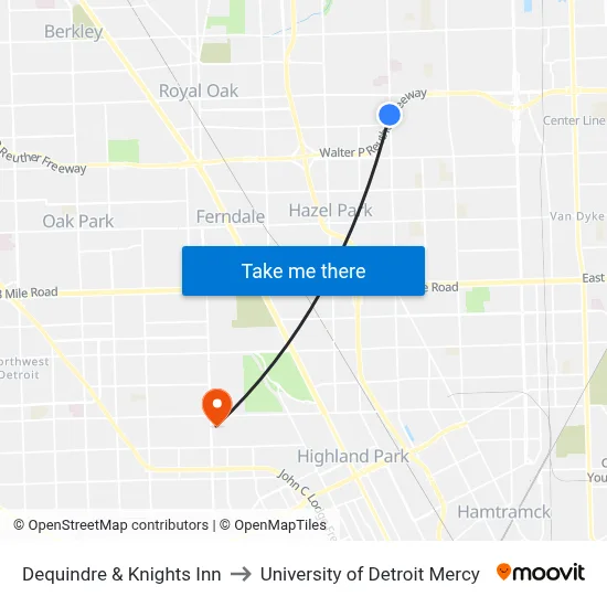 Dequindre & Knights Inn to University of Detroit Mercy map