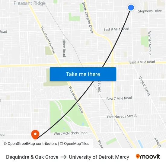 Dequindre & Oak Grove to University of Detroit Mercy map