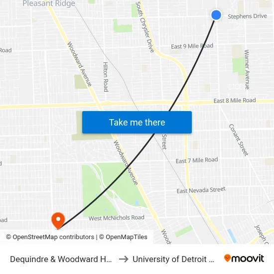 Dequindre & Woodward Heights to University of Detroit Mercy map