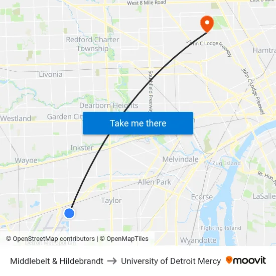 Middlebelt & Hildebrandt to University of Detroit Mercy map