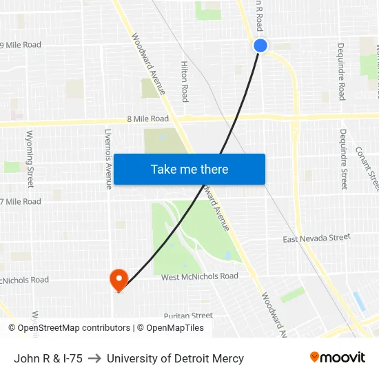 John R & I-75 to University of Detroit Mercy map