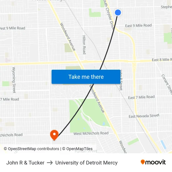 John R & Tucker to University of Detroit Mercy map