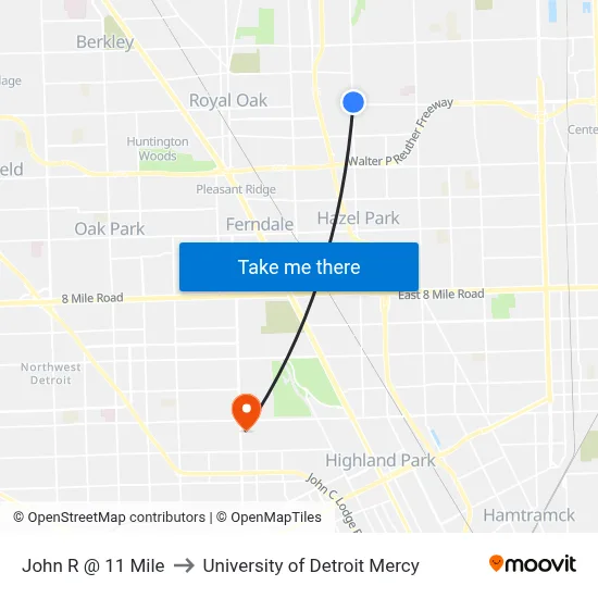 John R @ 11 Mile to University of Detroit Mercy map
