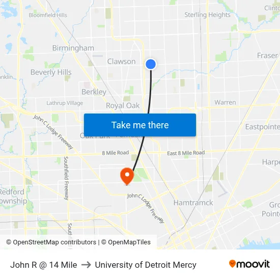 John R @ 14 Mile to University of Detroit Mercy map