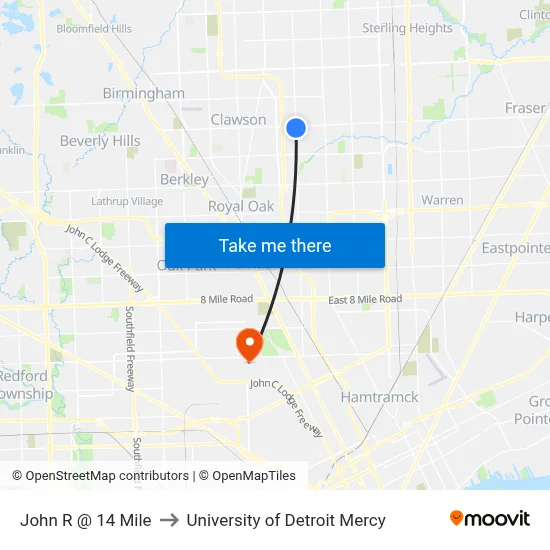 John R @ 14 Mile to University of Detroit Mercy map
