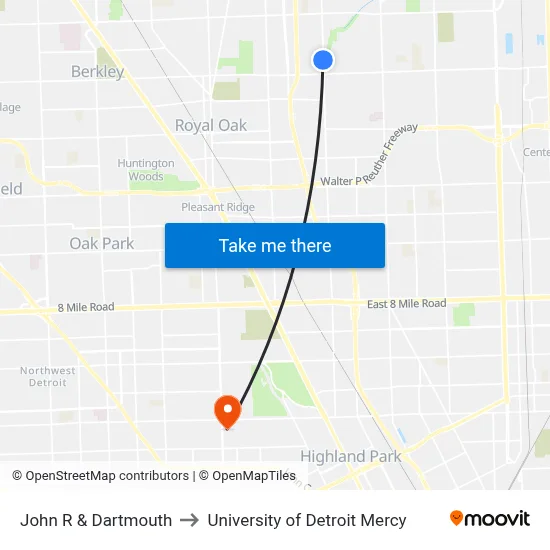 John R & Dartmouth to University of Detroit Mercy map