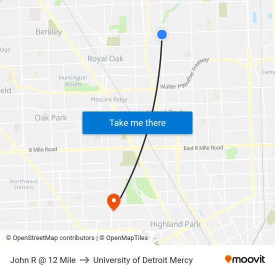 John R @ 12 Mile to University of Detroit Mercy map