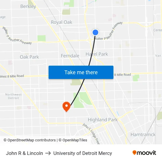 John R & Lincoln to University of Detroit Mercy map