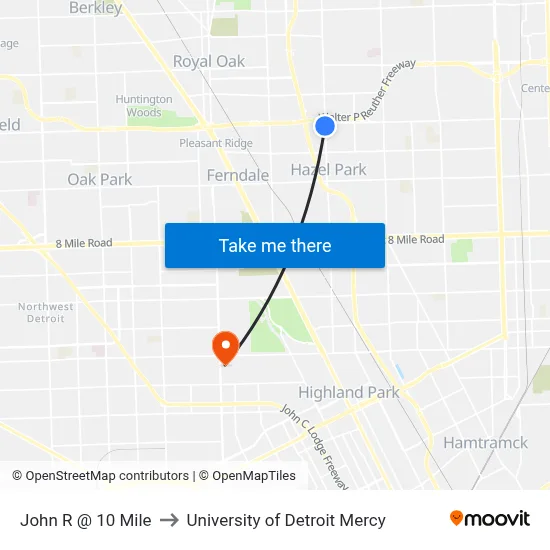 John R @ 10 Mile to University of Detroit Mercy map