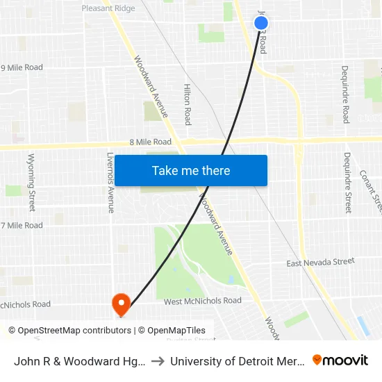 John R & Woodward Hgts to University of Detroit Mercy map
