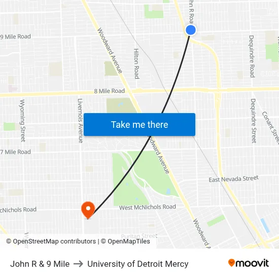 John R & 9 Mile to University of Detroit Mercy map