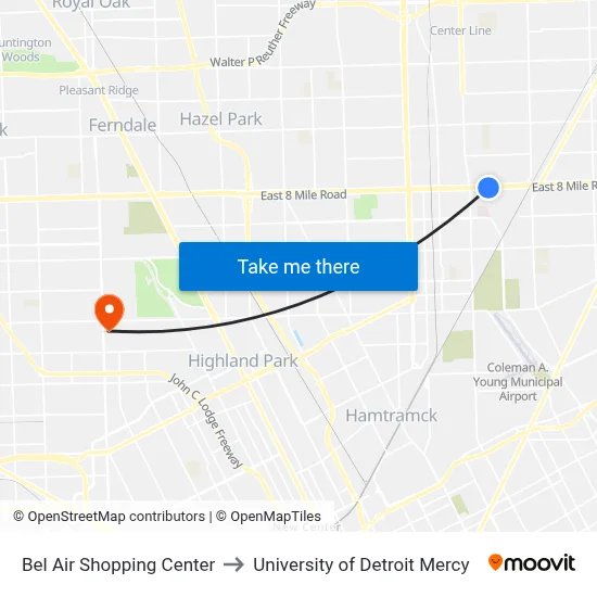 Bel Air Shopping Center to University of Detroit Mercy map