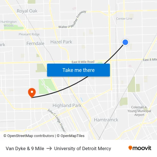 Van Dyke & 9 Mile to University of Detroit Mercy map