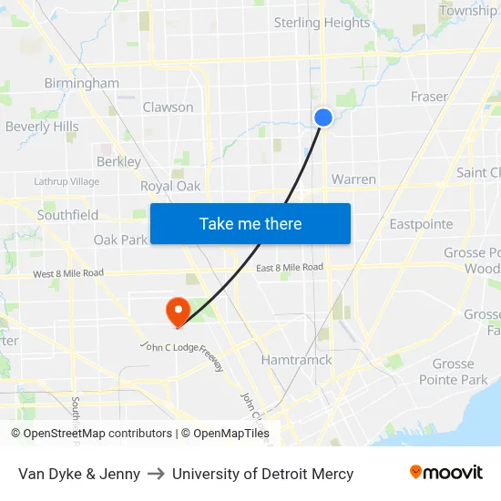 Van Dyke & Jenny to University of Detroit Mercy map