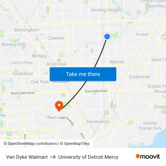 Van Dyke Walmart to University of Detroit Mercy map