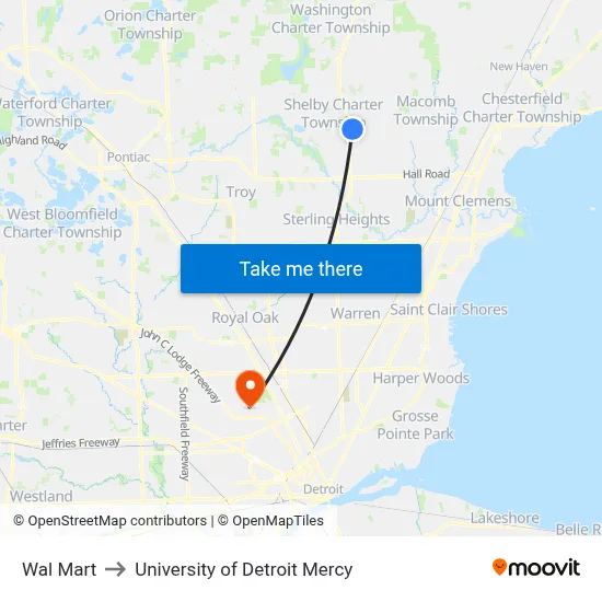 Wal Mart to University of Detroit Mercy map