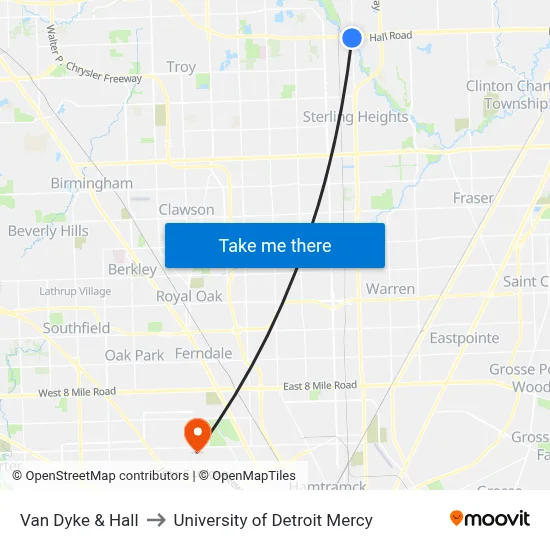 Van Dyke & Hall to University of Detroit Mercy map