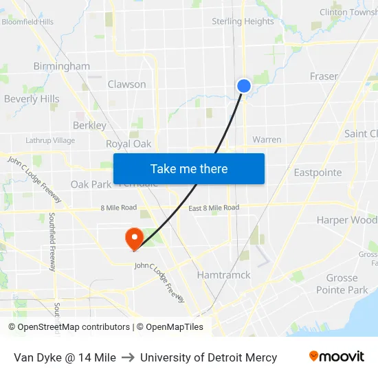 Van Dyke @ 14 Mile to University of Detroit Mercy map