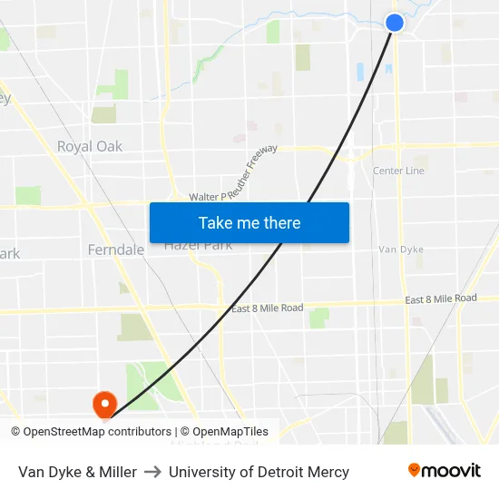 Van Dyke & Miller to University of Detroit Mercy map