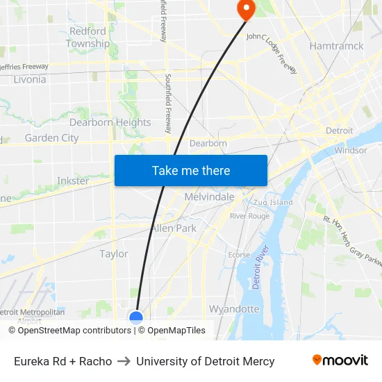 Eureka & Racho to University of Detroit Mercy map