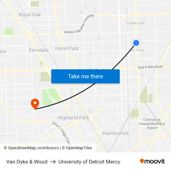 Van Dyke & Wood to University of Detroit Mercy map